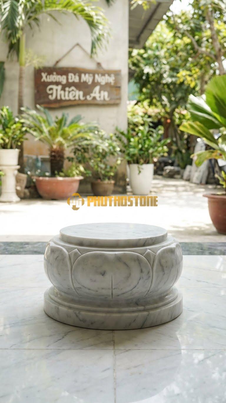 Chân Tảng Đá Trắng Yên Bái Tảng Bệt Sòi Cách Điệu D20: Lá Sòi Đơn Giản Hóa, Nét Đục Nông. (Gương 20Cm – Đế 32Cm – Cao 12Cm).