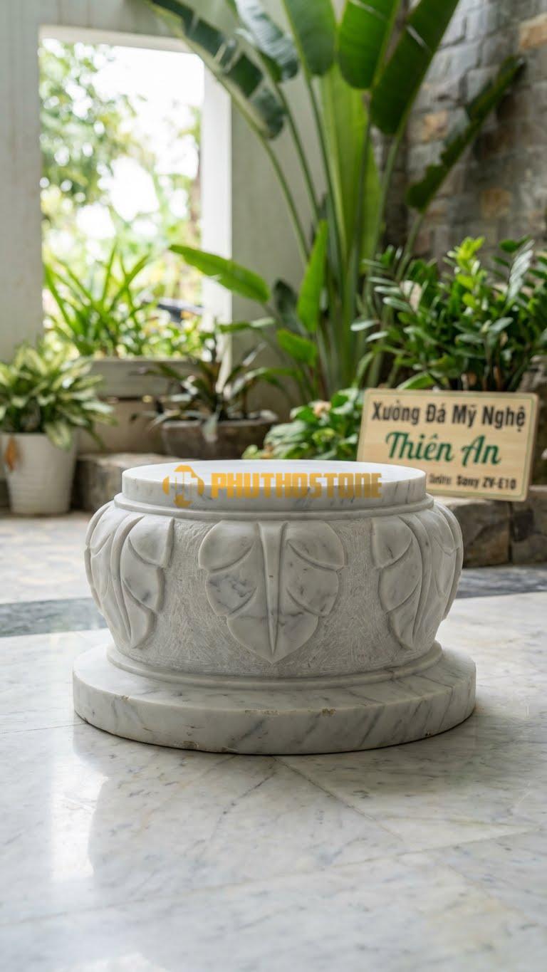 Chân Tảng Đá Trắng Yên Bái Tảng Bệt Sòi Múi Khế D30: Lá Sòi Được Chia Thành Các Múi Nổi Rõ Như Quả Khế. (Gương 30Cm – Đế 45Cm – Cao 16Cm).
