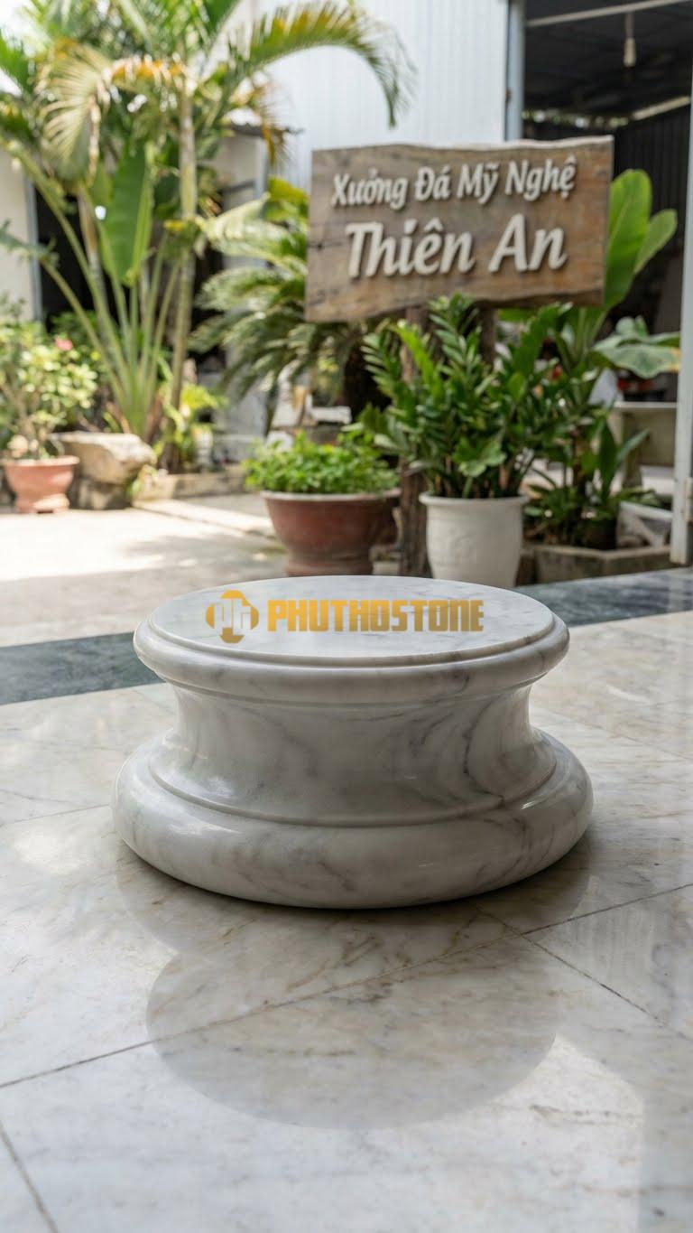 Chân Tảng Đá Trắng Yên Bái Tảng Bệt Trơn Bo Tròn D25: Toàn Bộ Bề Mặt Mài Nhẵn, Cạnh Bo Tròn Mềm Mại. (Gương 25Cm – Đế 40Cm – Cao 14Cm).
