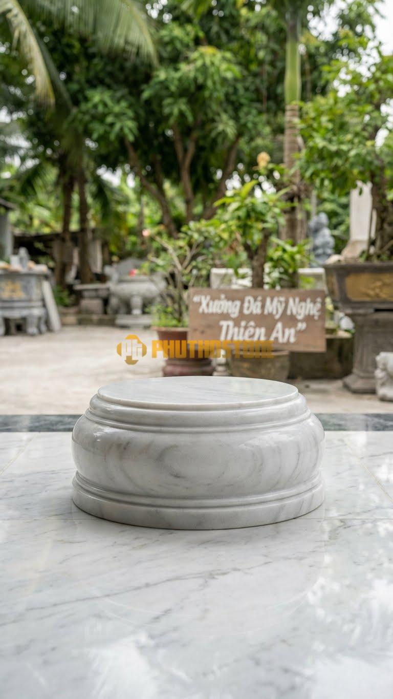 Chân Tảng Đá Trắng Yên Bái Tảng Bệt Trơn Gờ Chỉ D27: Thân Trơn Nhưng Có 1 Đường Chỉ Lõm Chạy Quanh Trang Trí. (Gương 27Cm – Đế 42Cm – Cao 14Cm).