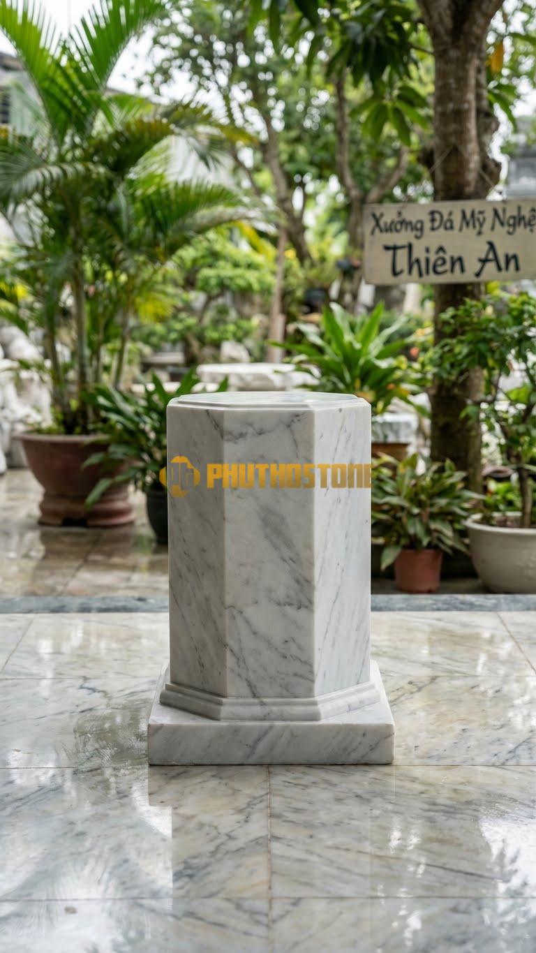 Chân Tảng Đá Trắng Yên Bái Tảng Bồng Bát Giác Đế Rời D35: Phần Thân Bát Giác Đặt Trên Đế Rời Vuông/Tròn. (Gương 35Cm – Cao 55Cm).