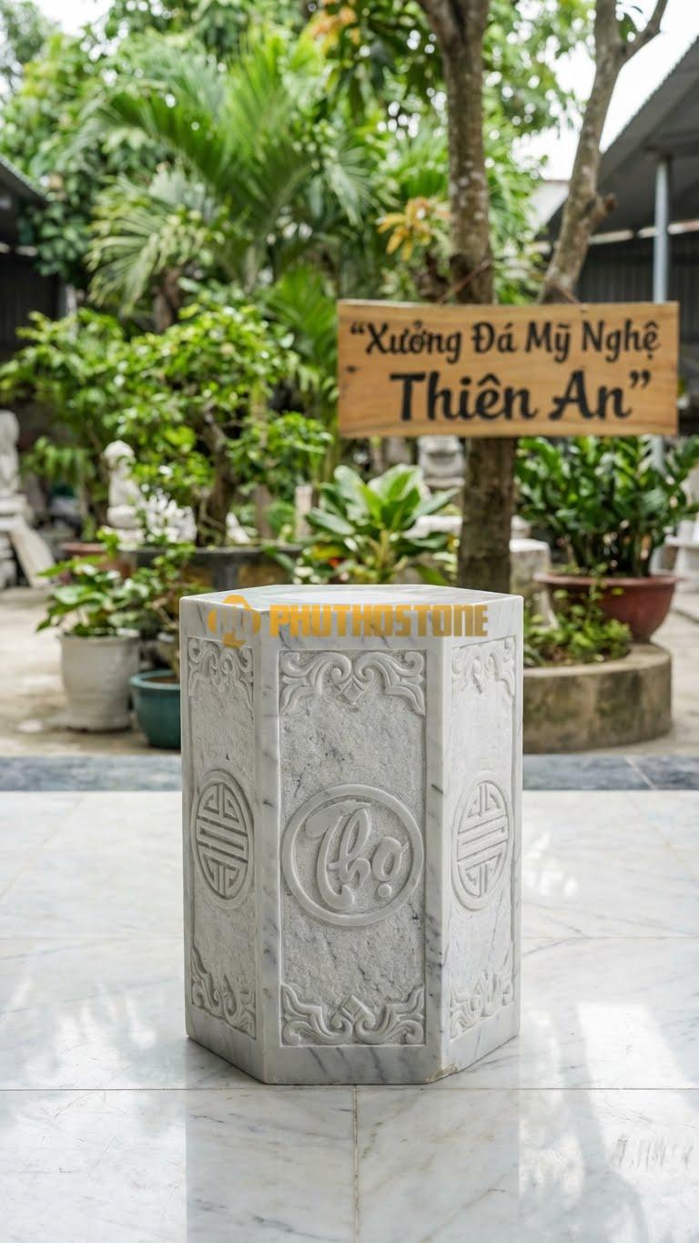 Chân Tảng Đá Trắng Yên Bái Tảng Bồng Lục Giác Chữ Thọ D28: 6 Mặt, Chạm Chữ Thọ Tròn Hoặc Vuông. (Gương 28Cm – Cao 42Cm).