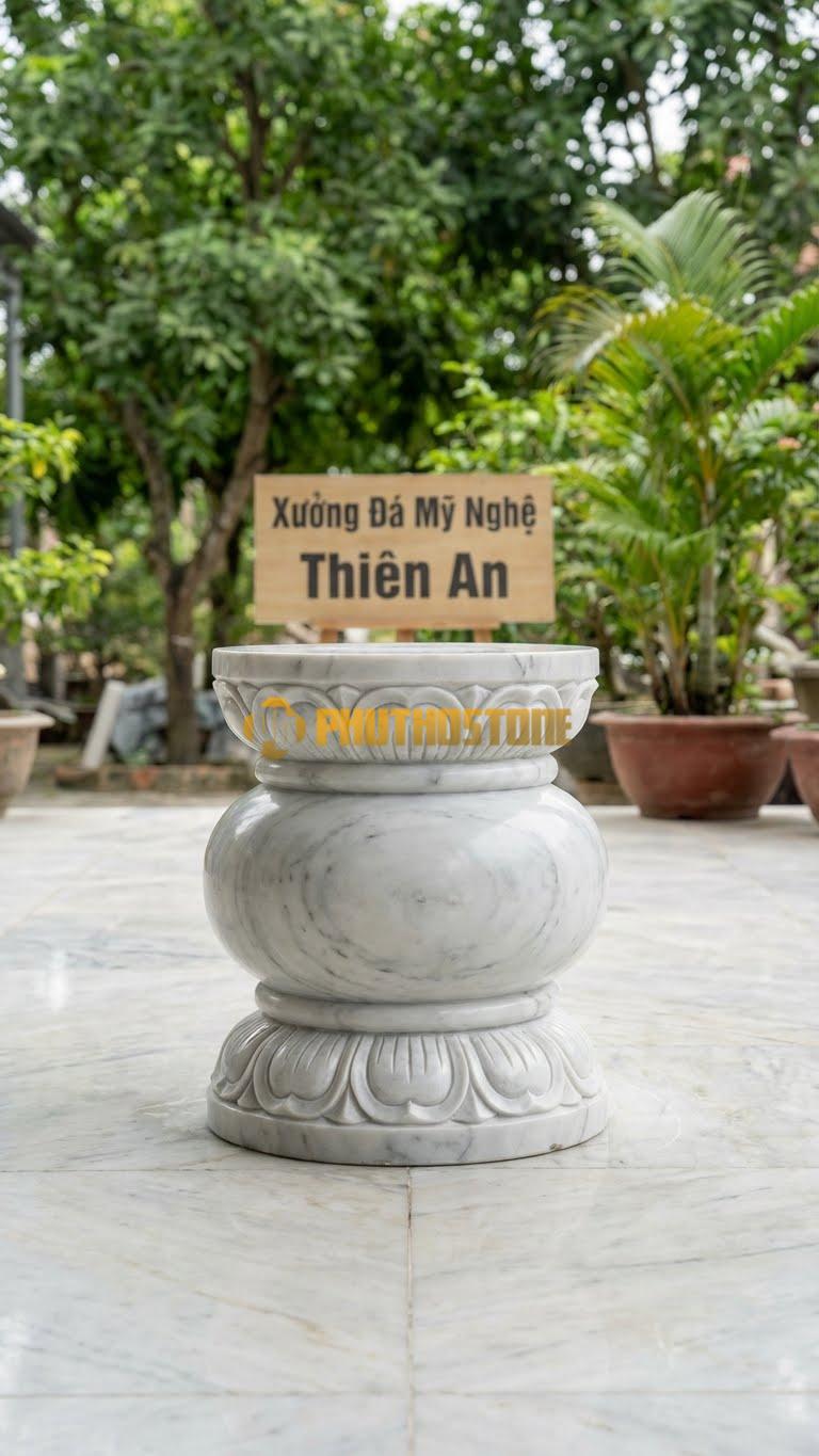 Chân Tảng Đá Trắng Yên Bái Tảng Bồng Sen Hai Đầu D32: Chạm Sen Ở Cả Bát Đỡ Trên Và Chân Đế Dưới, Bụng Trơn. (Gương 32Cm – Bụng 45Cm – Cao 50Cm).