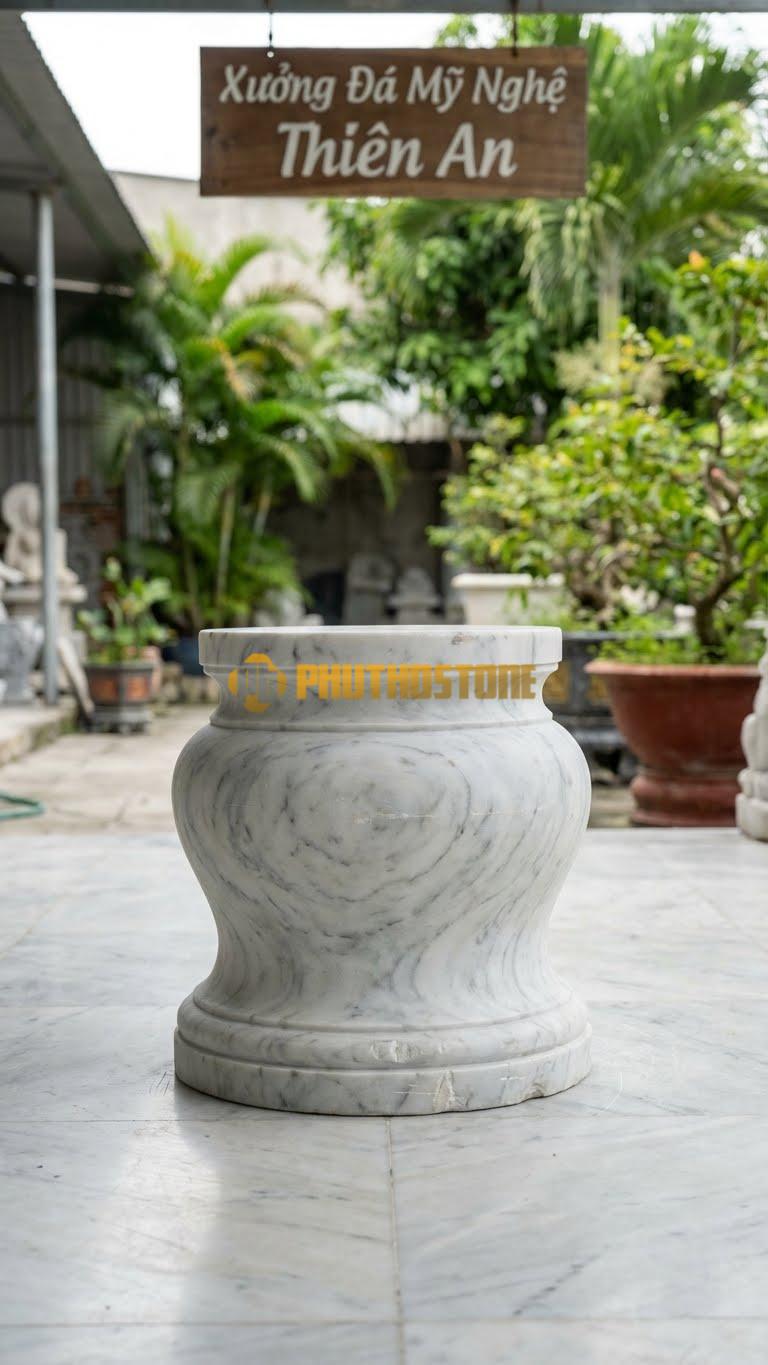 Chân Tảng Đá Trắng Yên Bái Tảng Bồng Trống Cổ Loe D30: Cổ Tảng Thắt Nhỏ, Loe Rộng Về Hai Đầu. (Gương 30Cm – Bụng 40Cm – Cao 45Cm).