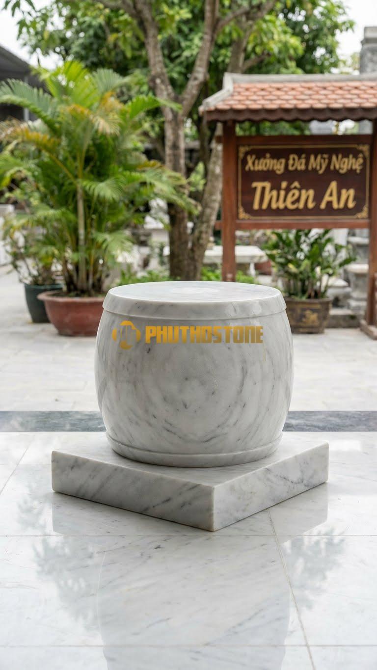 Chân Tảng Đá Trắng Yên Bái Tảng Bồng Trống Đế Vuông D25: Thân Tròn Dáng Trống, Đế Dưới Cùng Hình Vuông. (Gương 25Cm – Đế Vuông 40Cm – Cao 40Cm).