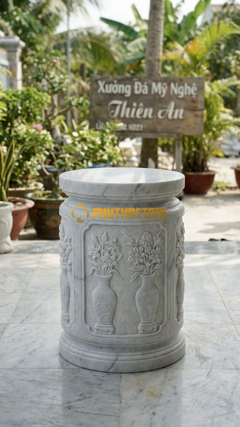 Chân Tảng Đá Trắng Yên Bái Tảng Bồng Tứ Bình D35: Chạm 4 Lọ Hoa (Bình) Cắm Hoa 4 Mùa. (Gương 35Cm – Cao 55Cm).