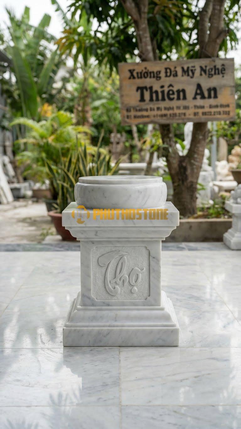 Chân Tảng Đá Trắng Yên Bái Tảng Bồng Vuông – Tròn Chữ Thọ D35: Đế Vuông, Thân Vuông Chạm Chữ Thọ, Bát Trên Tròn D35. (Cao 55Cm).