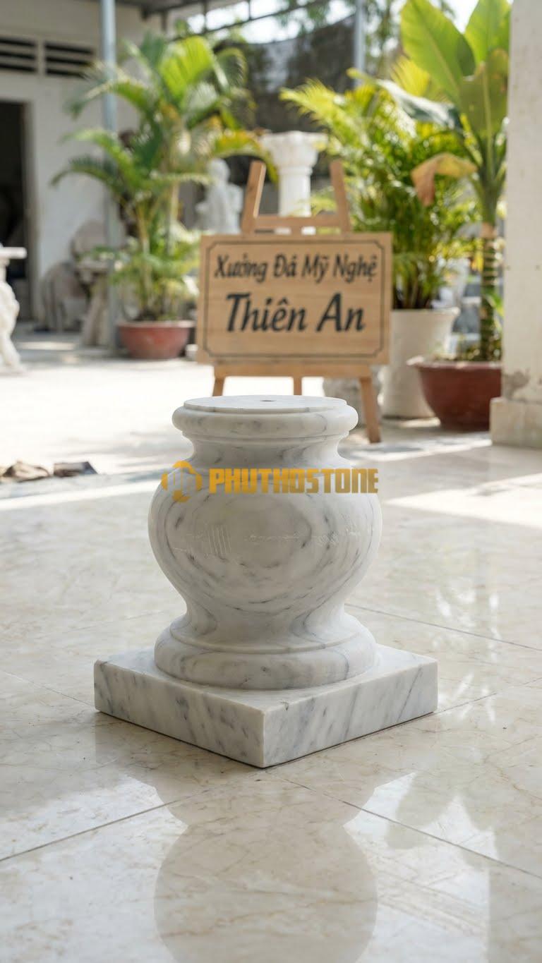 Chân Tảng Đá Trắng Yên Bái Tảng Bồng Vuông – Tròn Lục Bình D26: Đế Vuông, Thân Tiện Dáng Lục Bình Tròn. (Cao 40Cm).