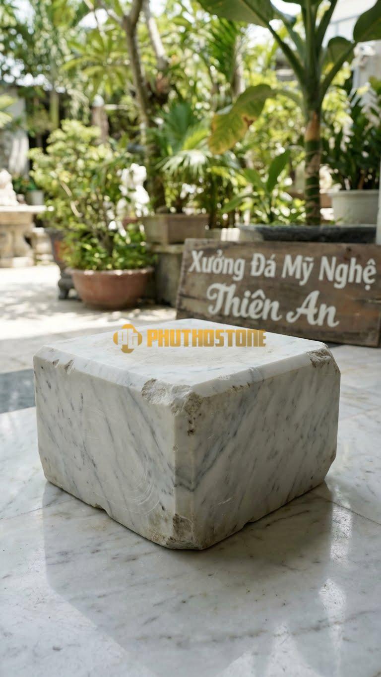 Chân Tảng Đá Trắng Yên Bái Tảng Vuông Bệt Giả Cổ 22X22: Làm Sứt Mẻ Tự Nhiên, Mài Mòn Các Cạnh. (Mặt 22X22Cm – Cao 14Cm).