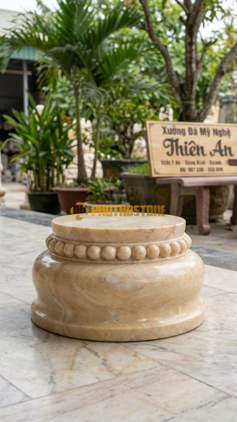 Chân Tảng Đá Vàng Nghệ An Tảng Bệt Cườm Đơn D25: Một Chuỗi Hạt Tròn Chạy Quanh Cổ Tảng, Thân Trơn. (Gương 25Cm – Đế 40Cm – Cao 14Cm).