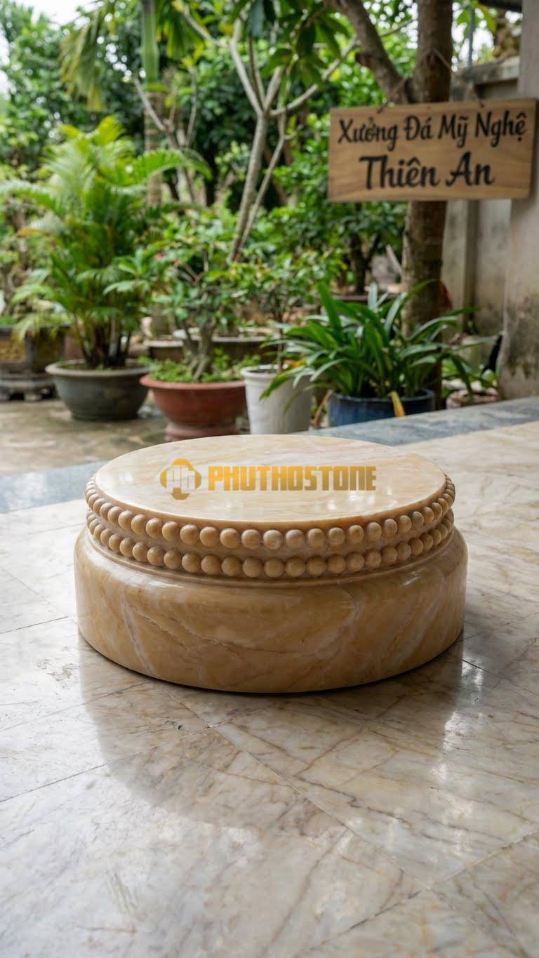 Chân Tảng Đá Vàng Nghệ An Tảng Bệt Cườm Kép D30: Hai Hàng Hạt Cườm Song Song Ôm Lấy Mặt Gương. (Gương 30Cm – Đế 45Cm – Cao 15Cm).