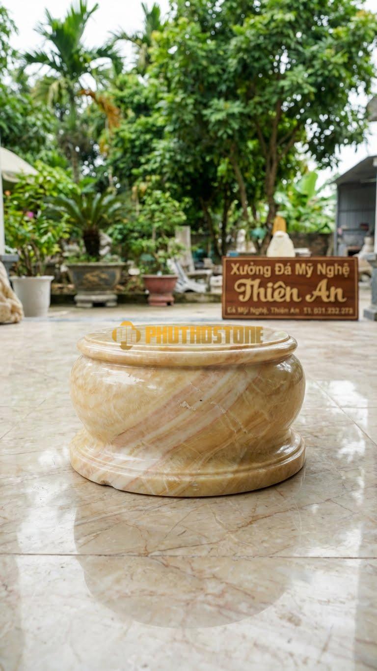 Chân Tảng Đá Vàng Nghệ An Tảng Bệt Cườm Mini D18: Mẫu Nhỏ Gọn Cho Cột Hiên Bé. (Gương 18Cm – Đế 30Cm – Cao 12Cm).