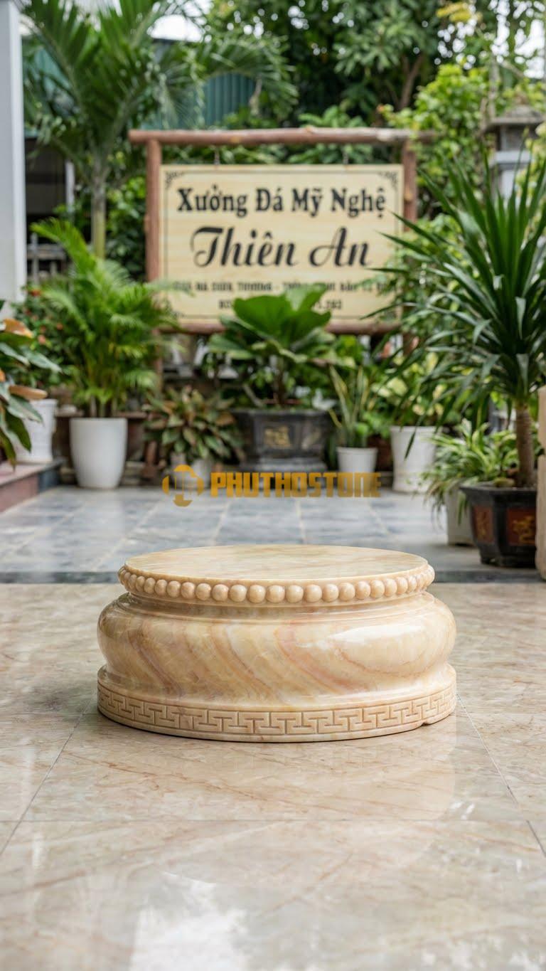 Chân Tảng Đá Vàng Nghệ An Tảng Bệt Cườm Phối Triện D35: Cổ Hạt Cườm, Viền Đế Chạy Hoa Văn Triện T. (Gương 35Cm – Đế 52Cm – Cao 17Cm).