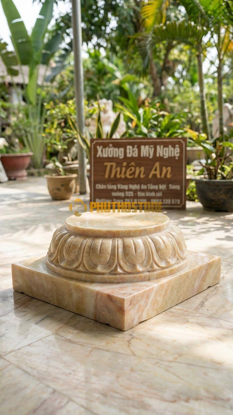Chân Tảng Đá Vàng Nghệ An Tảng Bệt Sen Đế Vuông D25: Mặt Gương Tròn Có Cánh Sen, Nhưng Phần Đế Dưới Cùng Vuông Vức. (Gương 25Cm – Đế Vuông 40Cm – Cao 15Cm).