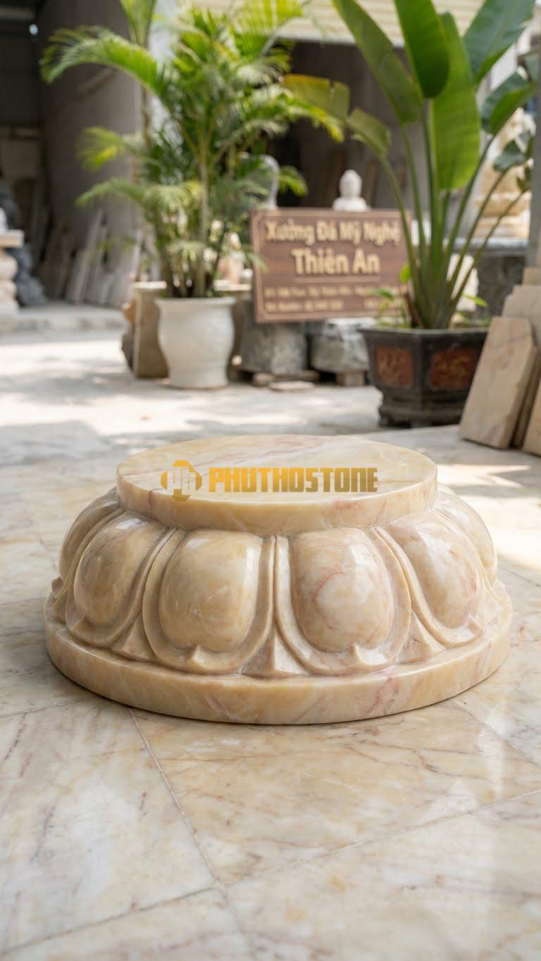 Chân Tảng Đá Vàng Nghệ An Tảng Bệt Sen Mẫu Bắc Bộ D32: Cánh Sen Mập, Đầu Cánh Vuốt Nhọn, Độ Nảy Khối Cao. (Gương 32Cm – Đế 50Cm – Cao 16Cm).