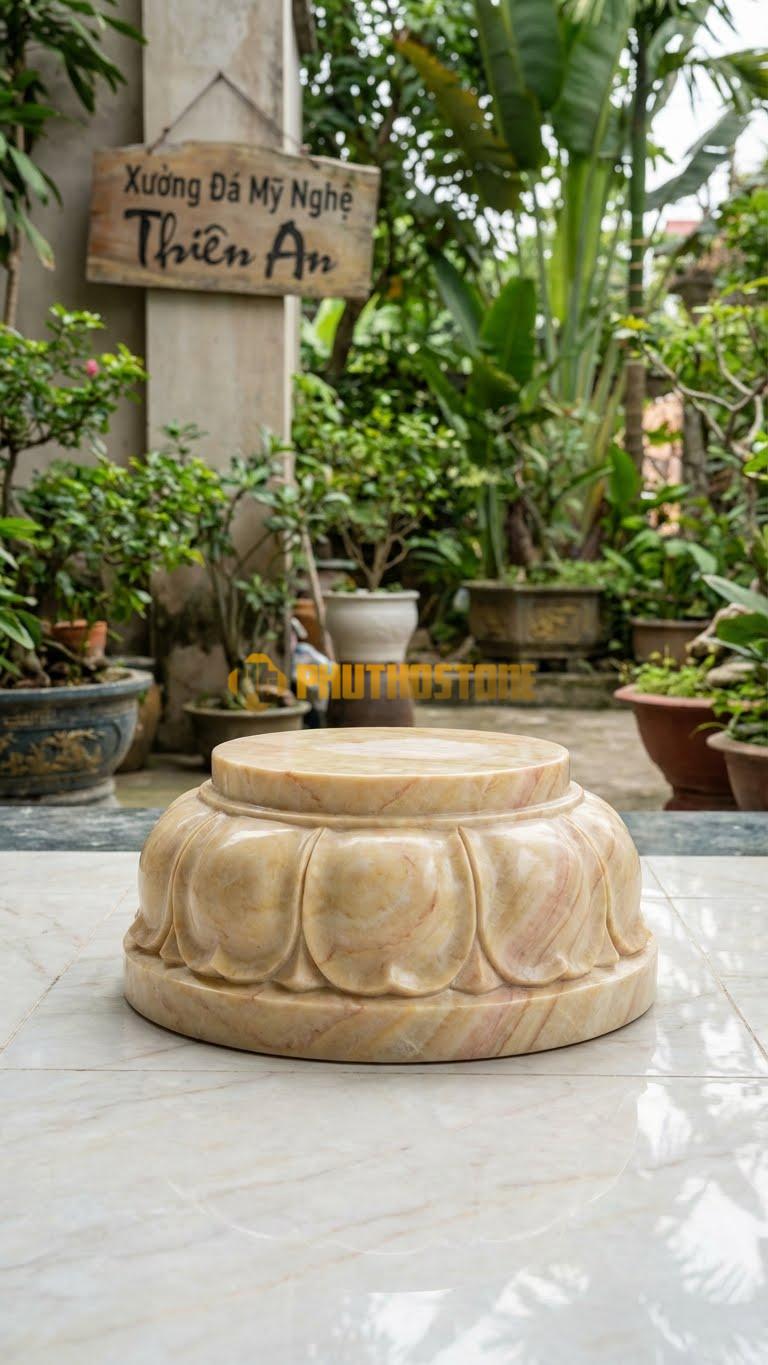 Chân Tảng Đá Vàng Nghệ An Tảng Bệt Sen Rụt D20: Họa Tiết Cánh Sen To, Ngắn, Ôm Sát Chân Gương. (Gương 20Cm – Đế 35Cm – Cao 12Cm).