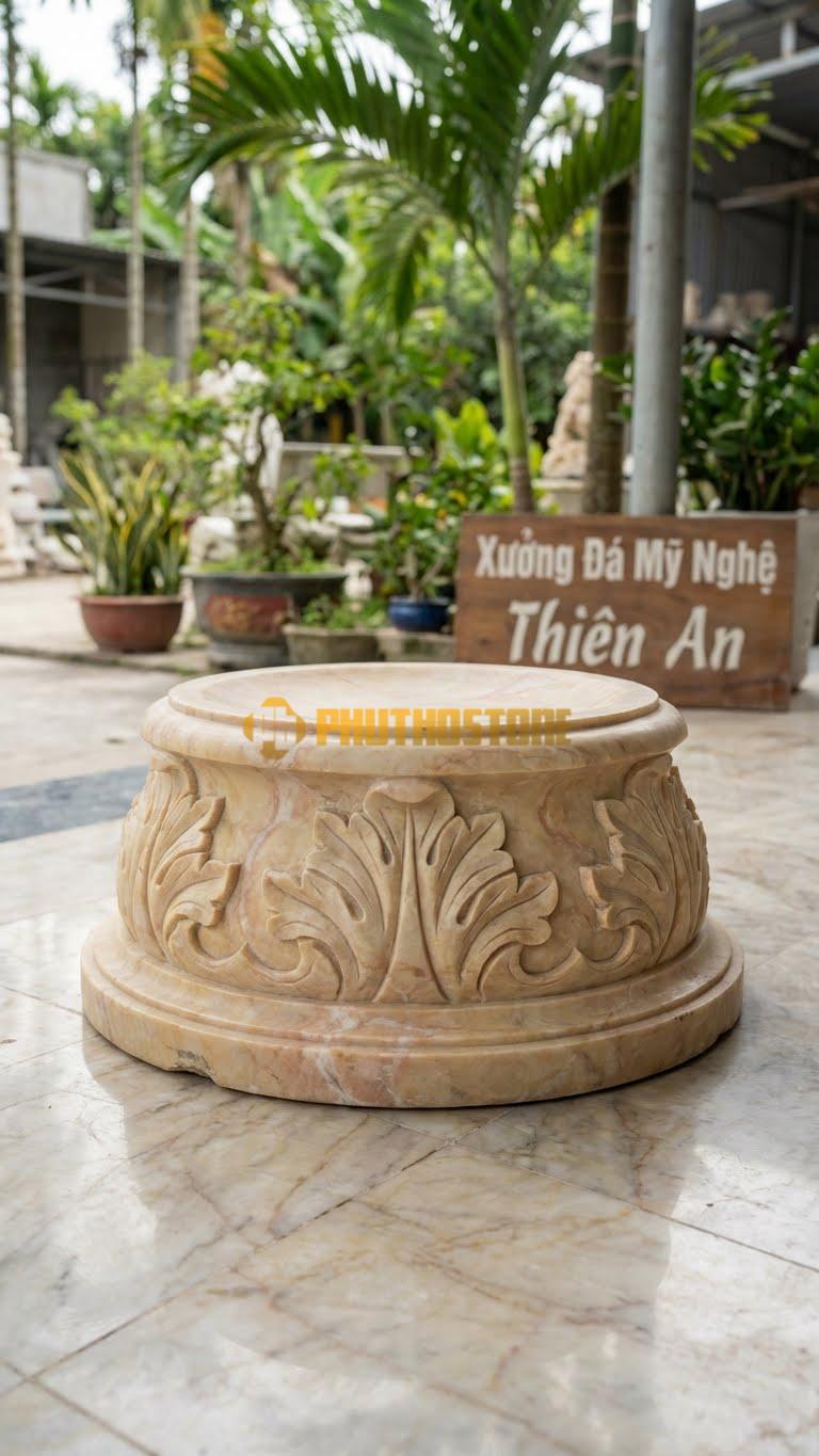 Chân Tảng Đá Vàng Nghệ An Tảng Bệt Sòi Đục Kênh Bong D35: Họa Tiết Lá Được Đục Luồn Sâu, Tách Biệt Hẳn Với Nền Đá. (Gương 35Cm – Đế 55Cm – Cao 18Cm).