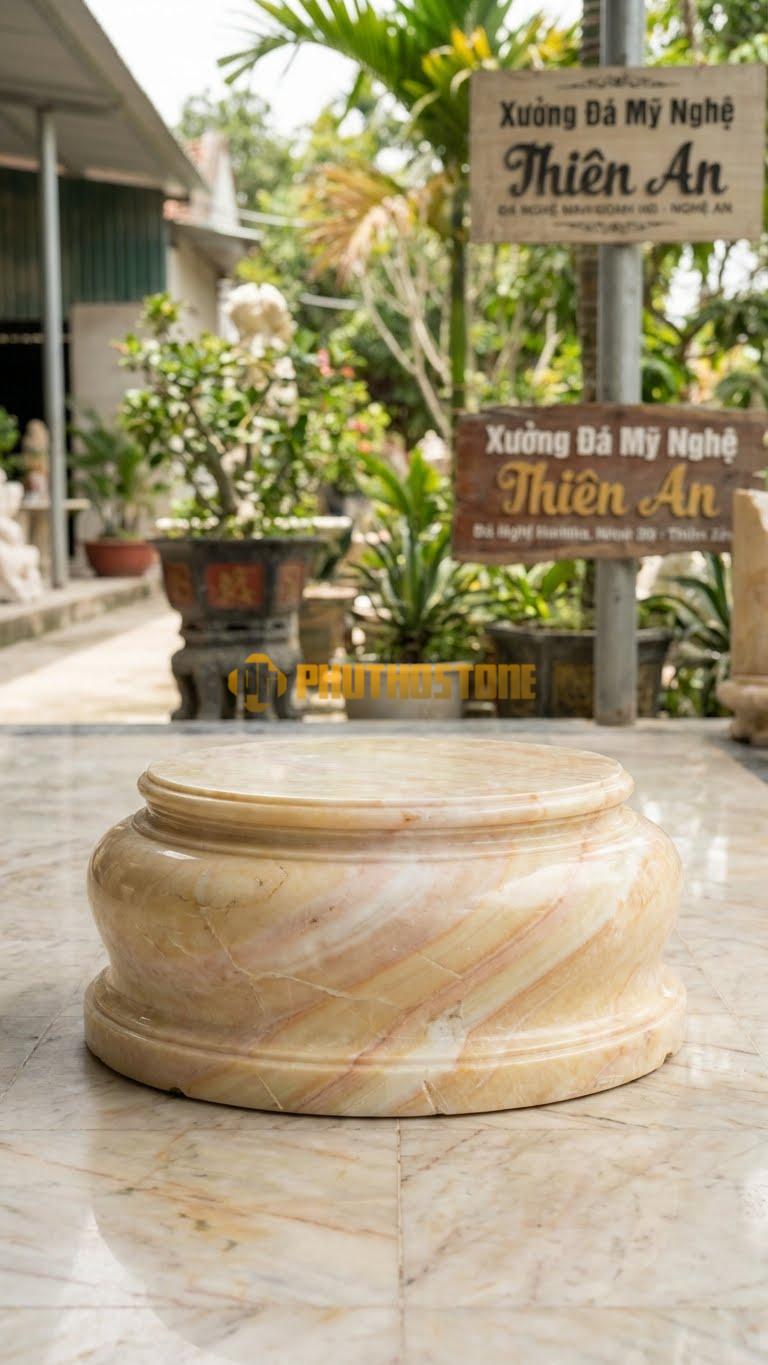 Chân Tảng Đá Vàng Nghệ An Tảng Bệt Sòi Vai Bò D32: Phần Vai Tảng Bo Tròn Đầy Đặn Trước Khi Chuyển Sang Lá Sòi. (Gương 32Cm – Đế 50Cm – Cao 17Cm).
