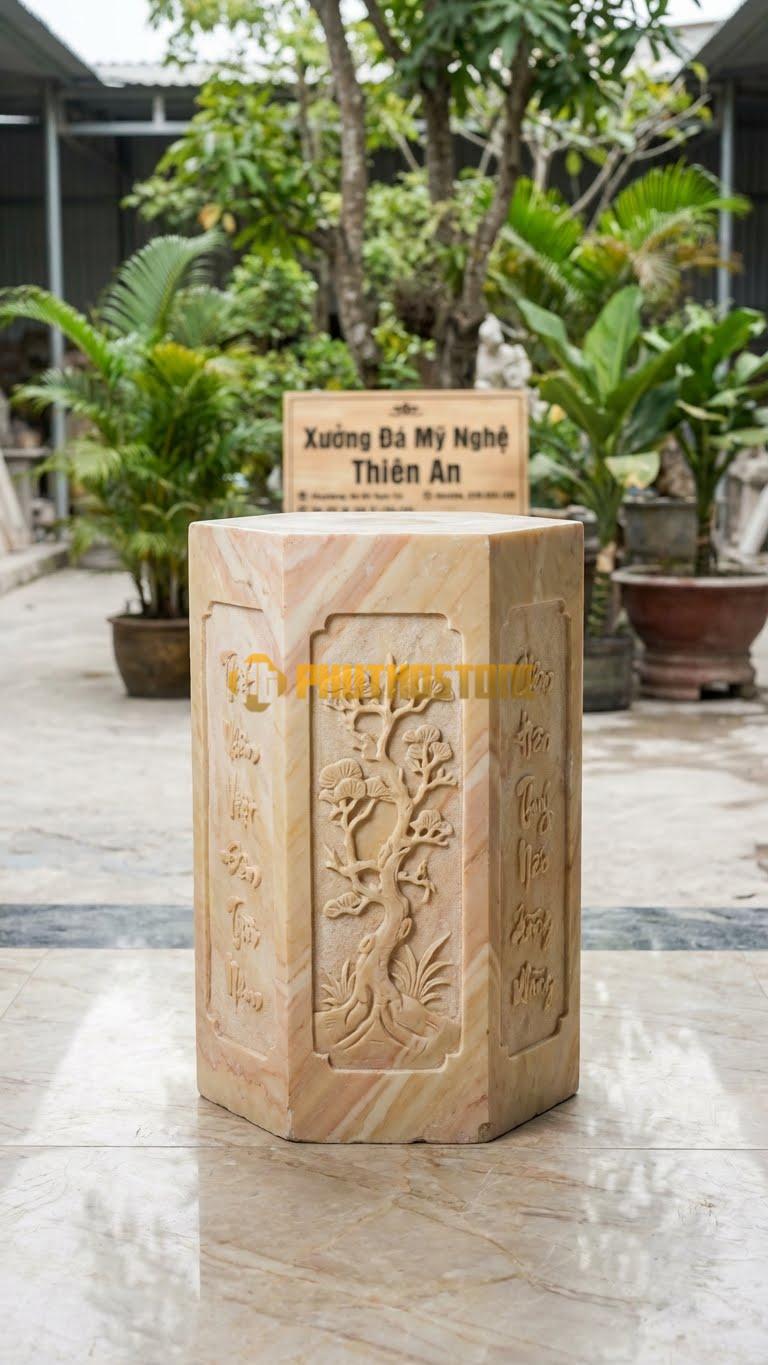 Chân Tảng Đá Vàng Nghệ An Tảng Bồng Bát Giác Tứ Quý D32: 4 Mặt Chạm Cây, 4 Mặt Chạm Thơ/Chữ. (Gương 32Cm – Cao 50Cm).