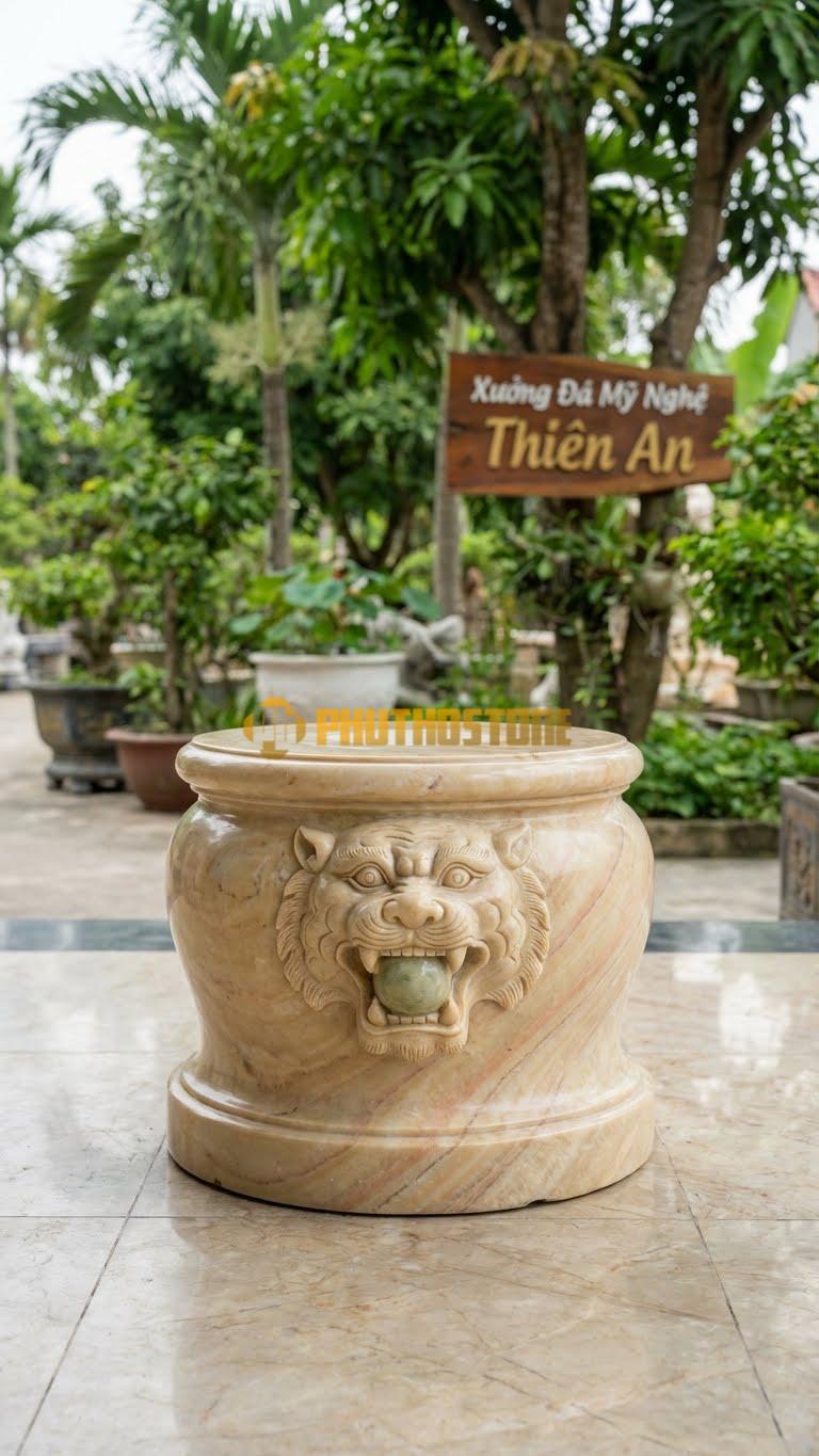 Chân Tảng Đá Vàng Nghệ An Tảng Bồng Hổ Phù D32: Mặt Hổ Phù Ngậm Ngọc Ở Chính Diện. (Gương 32Cm – Cao 50Cm).