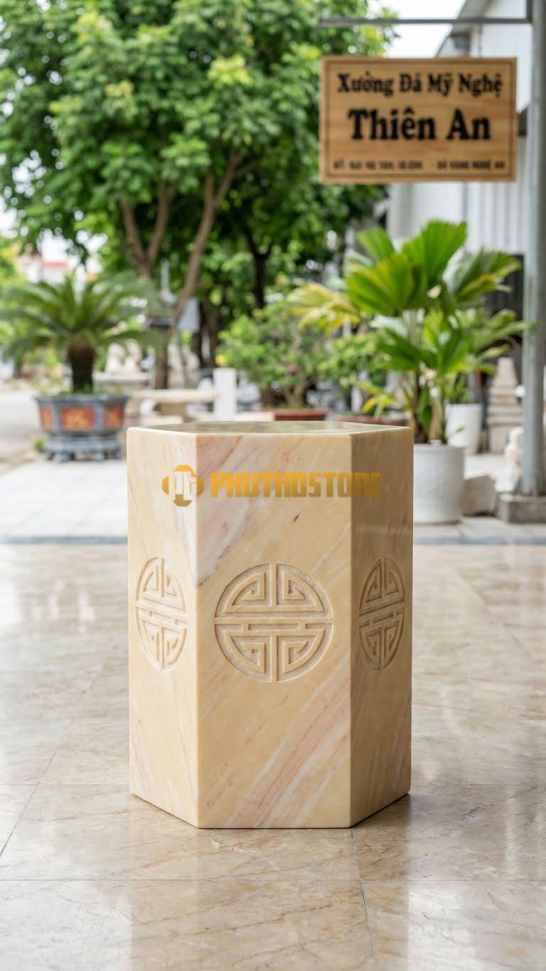 Chân Tảng Đá Vàng Nghệ An Tảng Bồng Lục Giác Chữ Thọ D28: 6 Mặt, Chạm Chữ Thọ Tròn Hoặc Vuông. (Gương 28Cm – Cao 42Cm).