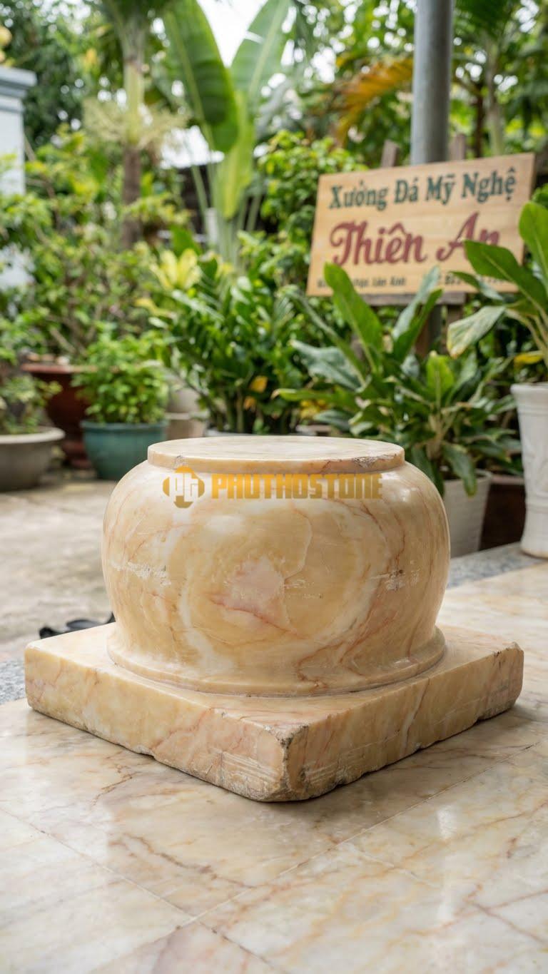 Chân Tảng Đá Vàng Nghệ An Tảng Bồng Trống Đế Vuông D25: Thân Tròn Dáng Trống, Đế Dưới Cùng Hình Vuông. (Gương 25Cm – Đế Vuông 40Cm – Cao 40Cm).