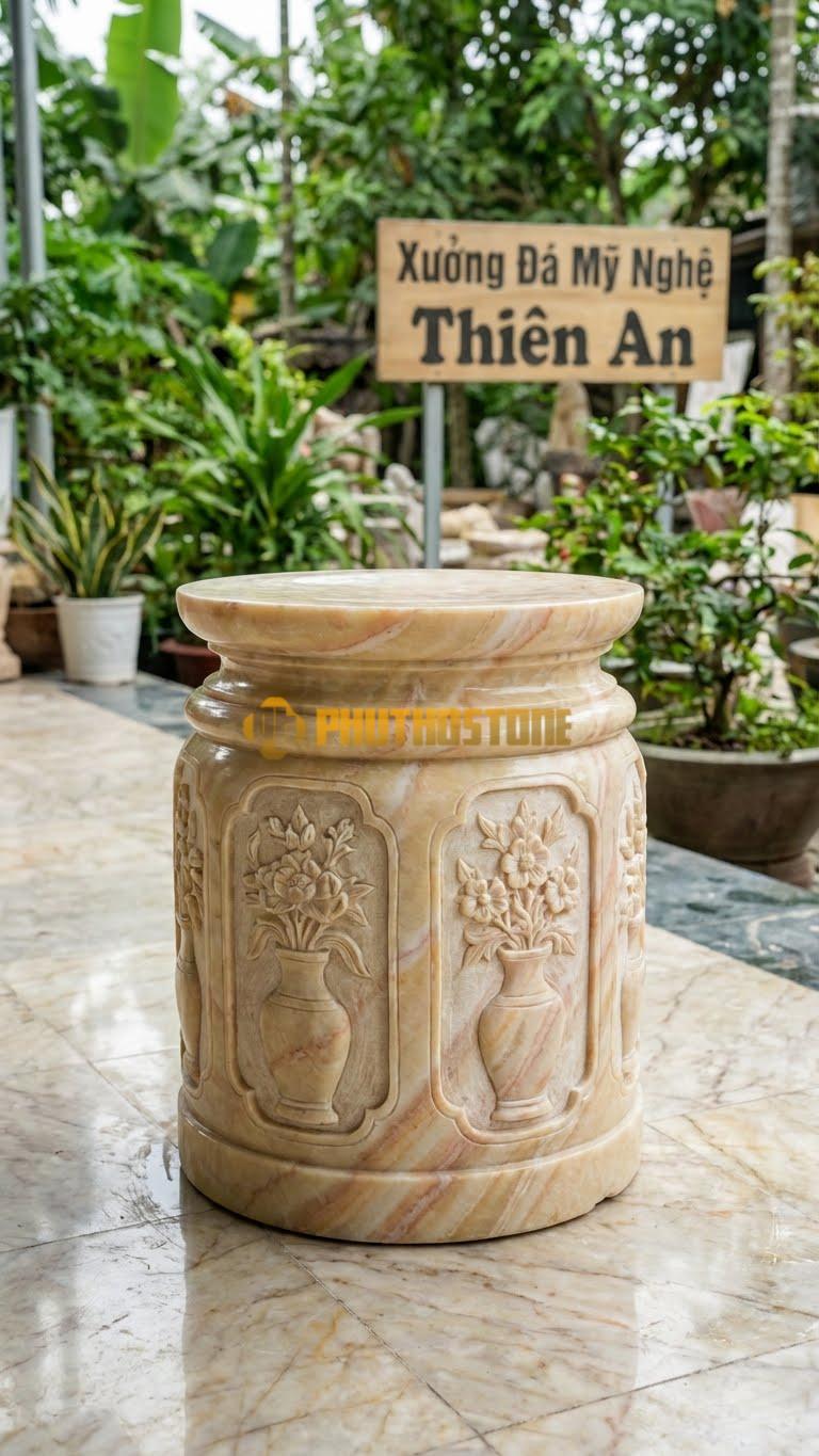 Chân Tảng Đá Vàng Nghệ An Tảng Bồng Tứ Bình D35: Chạm 4 Lọ Hoa (Bình) Cắm Hoa 4 Mùa. (Gương 35Cm – Cao 55Cm).