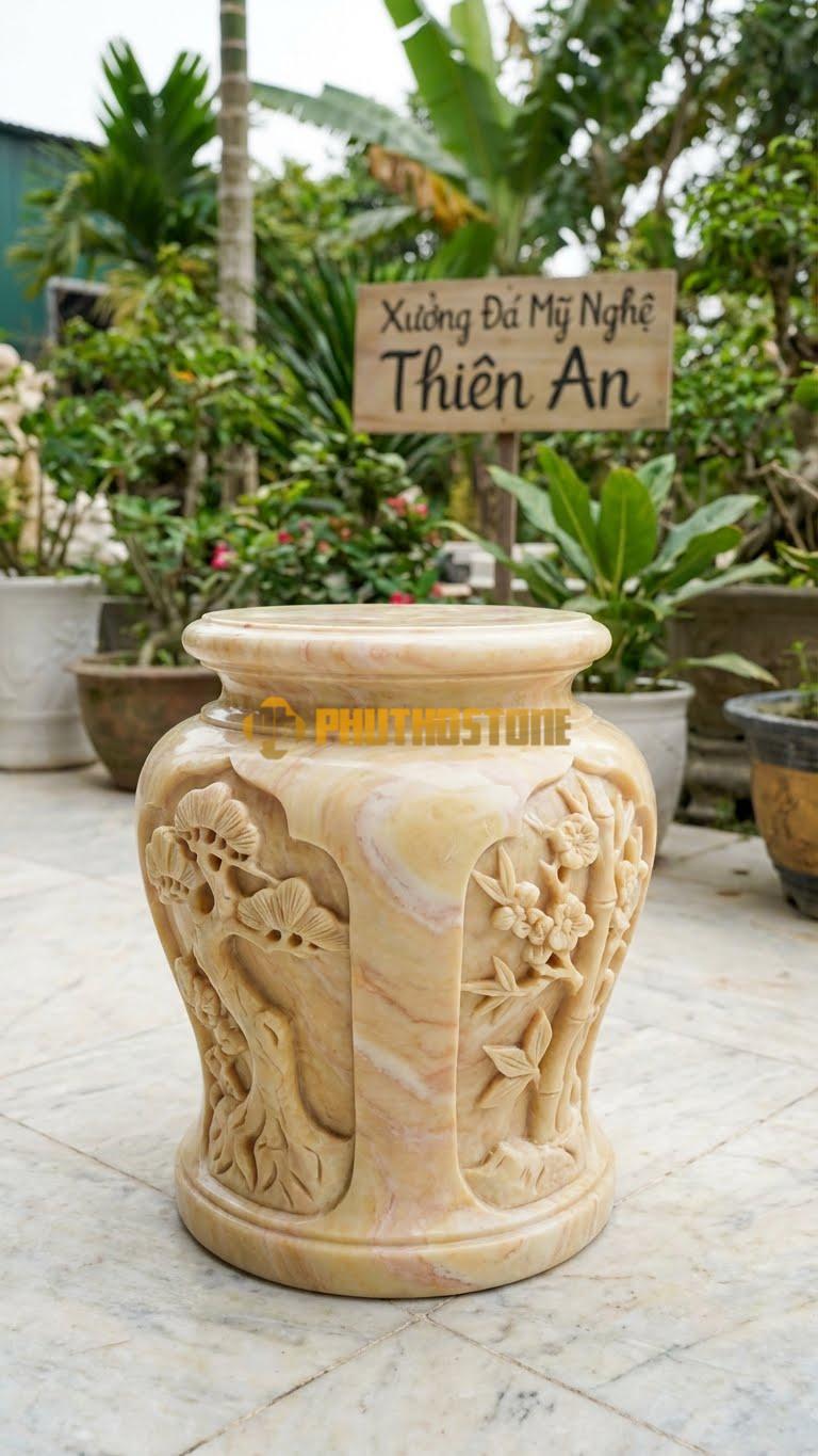 Chân Tảng Đá Vàng Nghệ An Tảng Bồng Tứ Quý Kênh Bong D32: Đục Sâu 4 – 5Cm, Tạo Độ Rỗng Cho Cành Lá. (Gương 32Cm – Cao 50Cm).