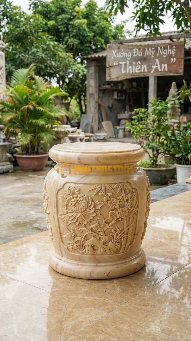 Chân Tảng Đá Vàng Nghệ An Tảng Bồng Tứ Quý Mãn Khai D29: Hoa Cúc, Hoa Mai Chạm Nở To Hết Khổ Đá. (Gương 29Cm – Cao 45Cm).