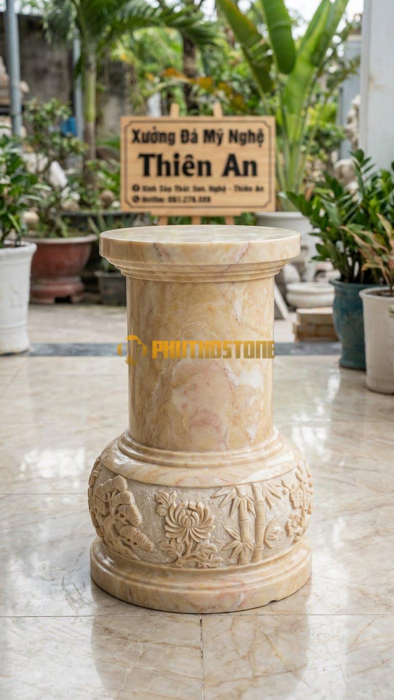 Chân Tảng Đá Vàng Nghệ An Tảng Bồng Tứ Quý Tùng Cúc D25: Chạm 4 Cảnh Tùng – Cúc – Trúc – Mai Quanh Thân. (Gương 25Cm – Cao 40Cm).