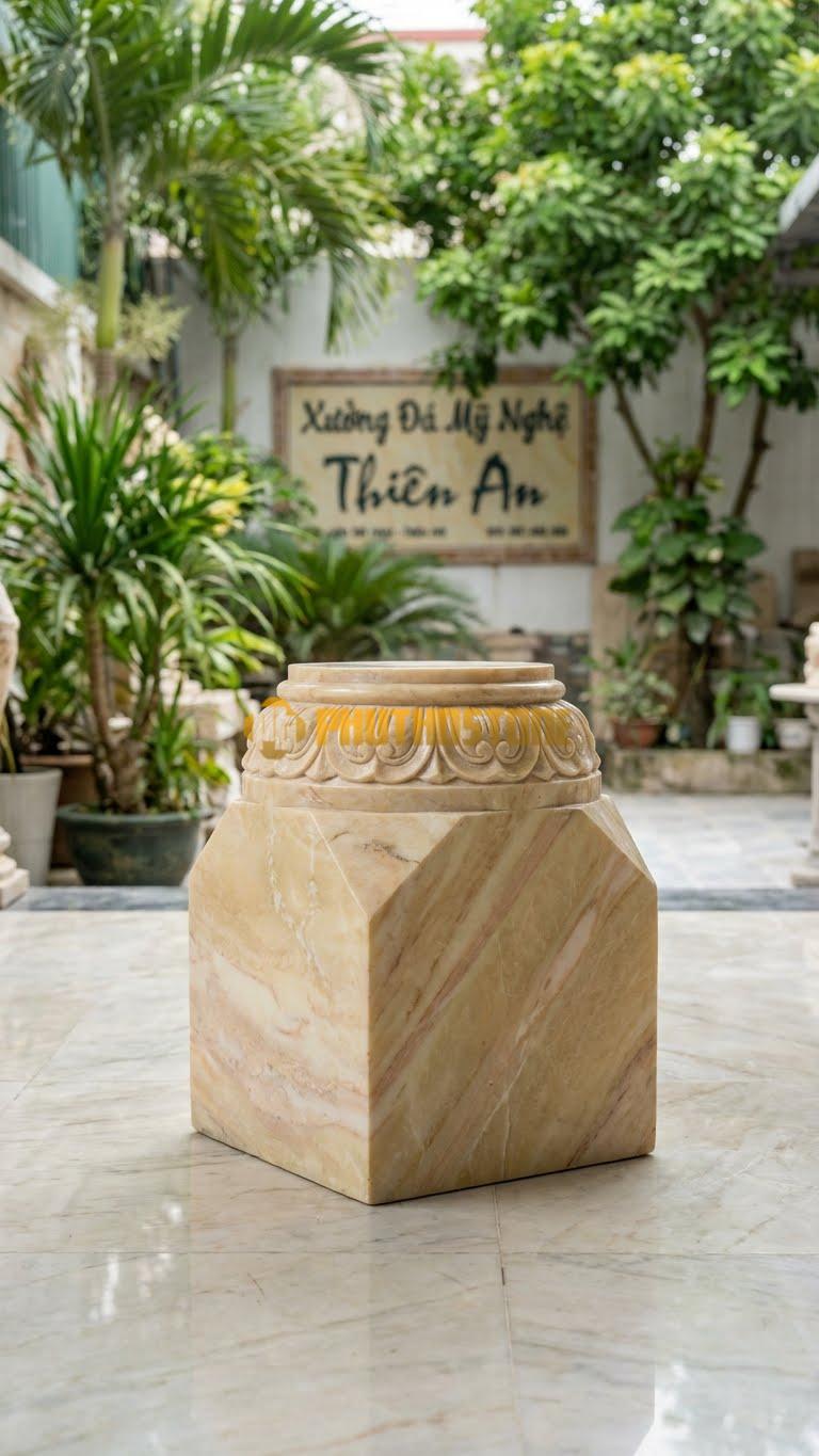 Chân Tảng Đá Vàng Nghệ An Tảng Bồng Vuông – Tròn Sen D25: Đế Vuông 35Cm, Thân Thắt Eo Chuyển Dần Lên Gương Tròn 25Cm. Chạm Sen. (Cao 40Cm).