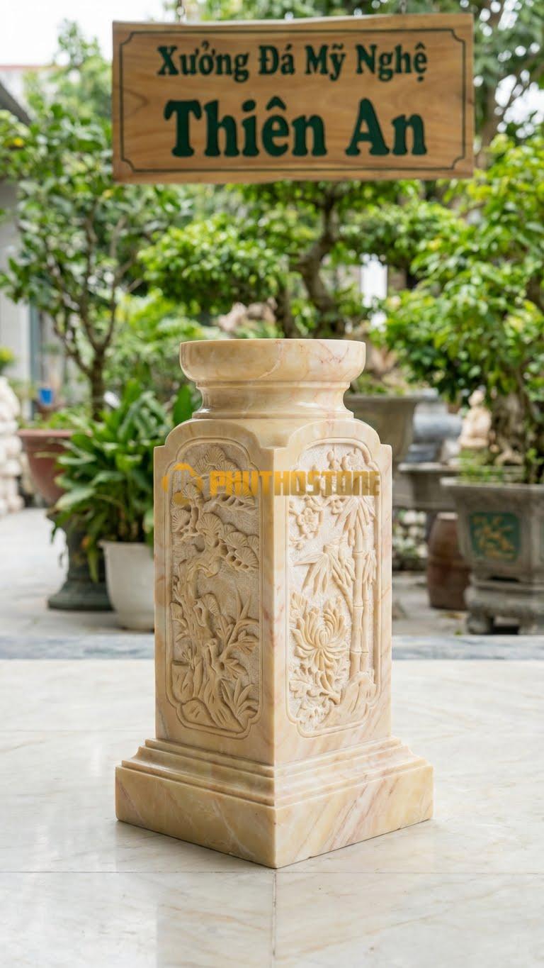 Chân Tảng Đá Vàng Nghệ An Tảng Bồng Vuông – Tròn Tứ Quý D30: Đế Dưới Vuông, Thân Chạm Tứ Quý, Bát Đỡ Trên Tròn D30. (Cao 45Cm).
