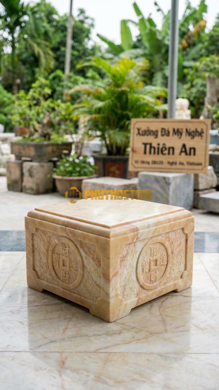 Chân Tảng Đá Vàng Nghệ An Tảng Vuông Bệt Chạm Đồng Tiền 28X28: Mặt Đứng Chạm Hình Đồng Tiền Cổ. (Mặt 28X28Cm – Cao 15Cm).