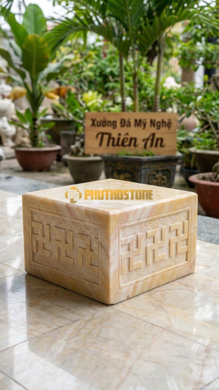 Chân Tảng Đá Vàng Nghệ An Tảng Vuông Bệt Chữ Vạn 30X30: Chạm Kín Nền Gấm Chữ Vạn. (Mặt 30X30Cm – Cao 16Cm).