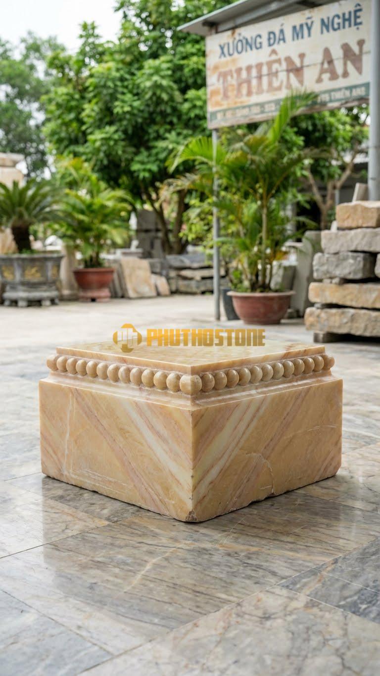 Chân Tảng Đá Vàng Nghệ An Tảng Vuông Bệt Hạt Cườm Vuông 32X32: Dải Hạt Cườm Chạy Theo Hình Vuông Quanh Cổ. (Mặt 32X32Cm – Cao 17Cm).