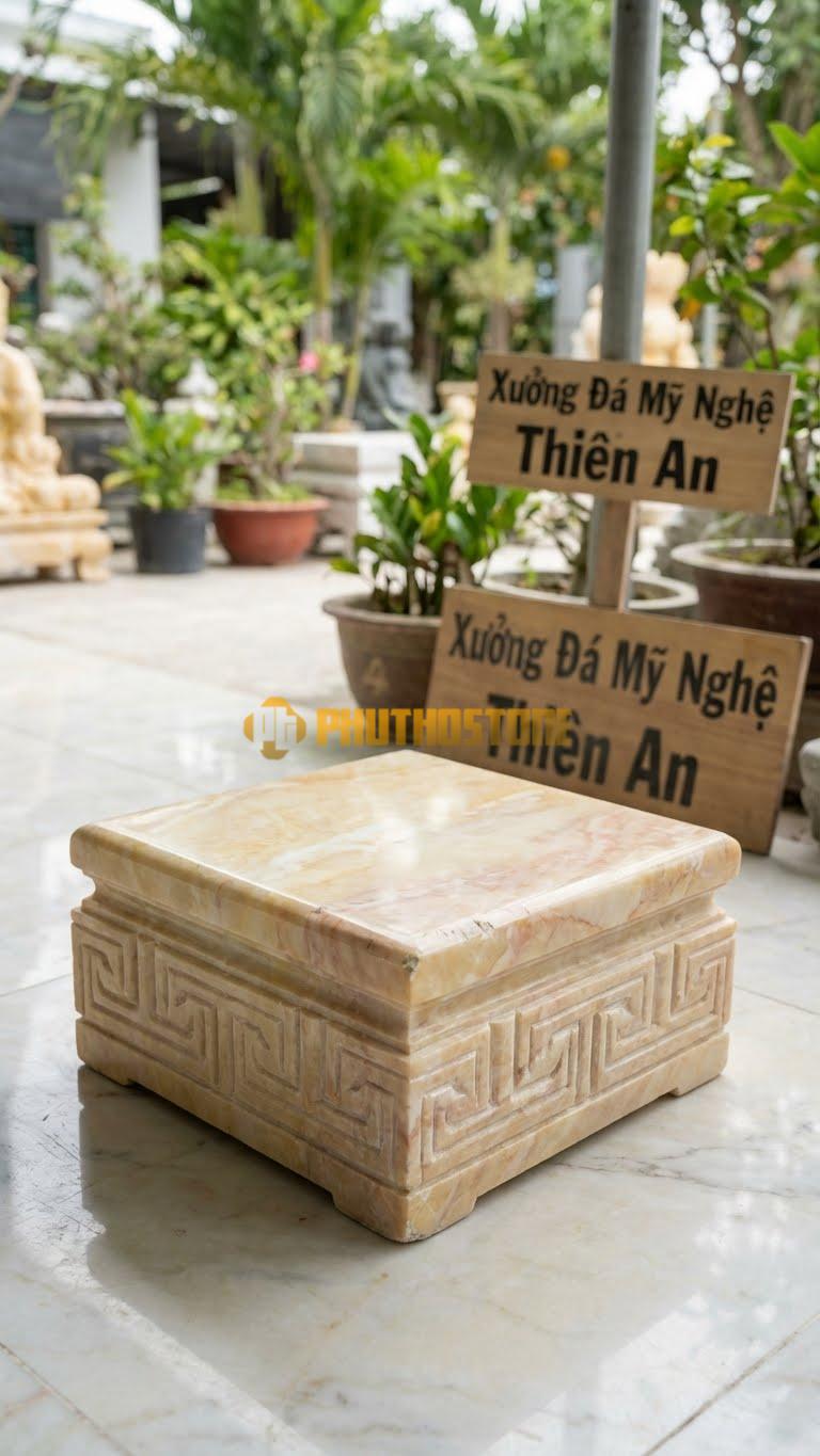 Chân Tảng Đá Vàng Nghệ An Tảng Vuông Bệt Triện T 25X25: Chạm Hoa Văn Triện T Chạy Vòng Quanh. (Mặt 25X25Cm – Cao 15Cm).