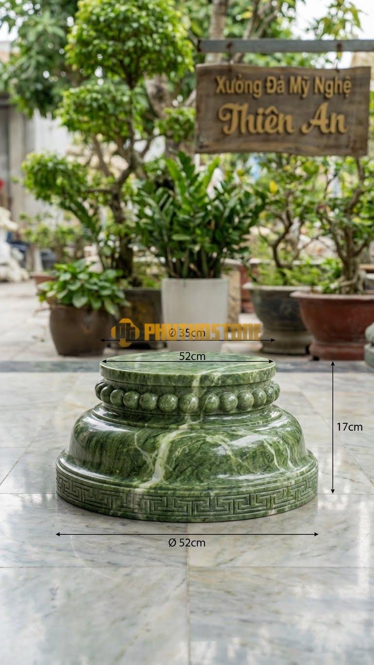 Chân Tảng Đá Xanh Ấn Tảng Bệt Cườm Phối Triện D35: Cổ Hạt Cườm, Viền Đế Chạy Hoa Văn Triện T. (Gương 35Cm – Đế 52Cm – Cao 17Cm).