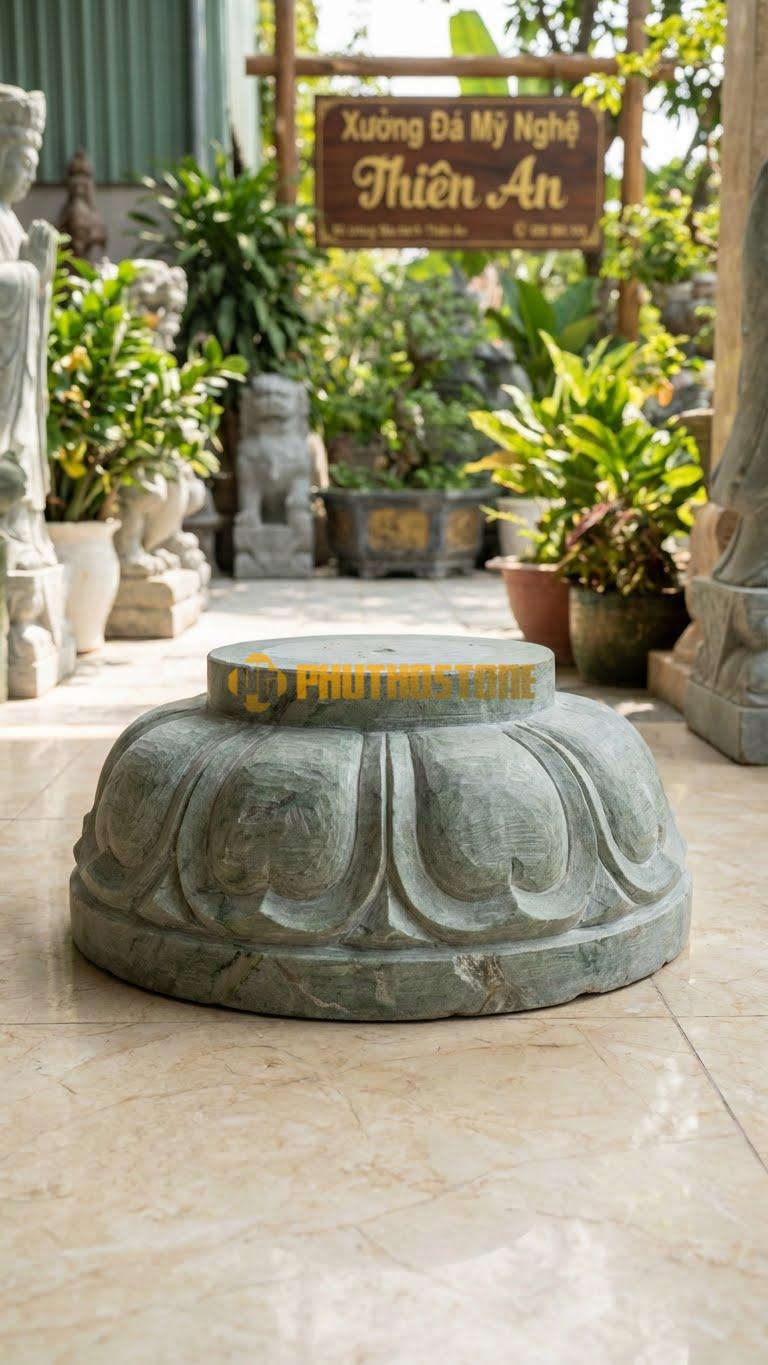 Chân Tảng Đá Xanh Ấn Tảng Bệt Sen Rụt D20: Họa Tiết Cánh Sen To, Ngắn, Ôm Sát Chân Gương. (Gương 20Cm – Đế 35Cm – Cao 12Cm).