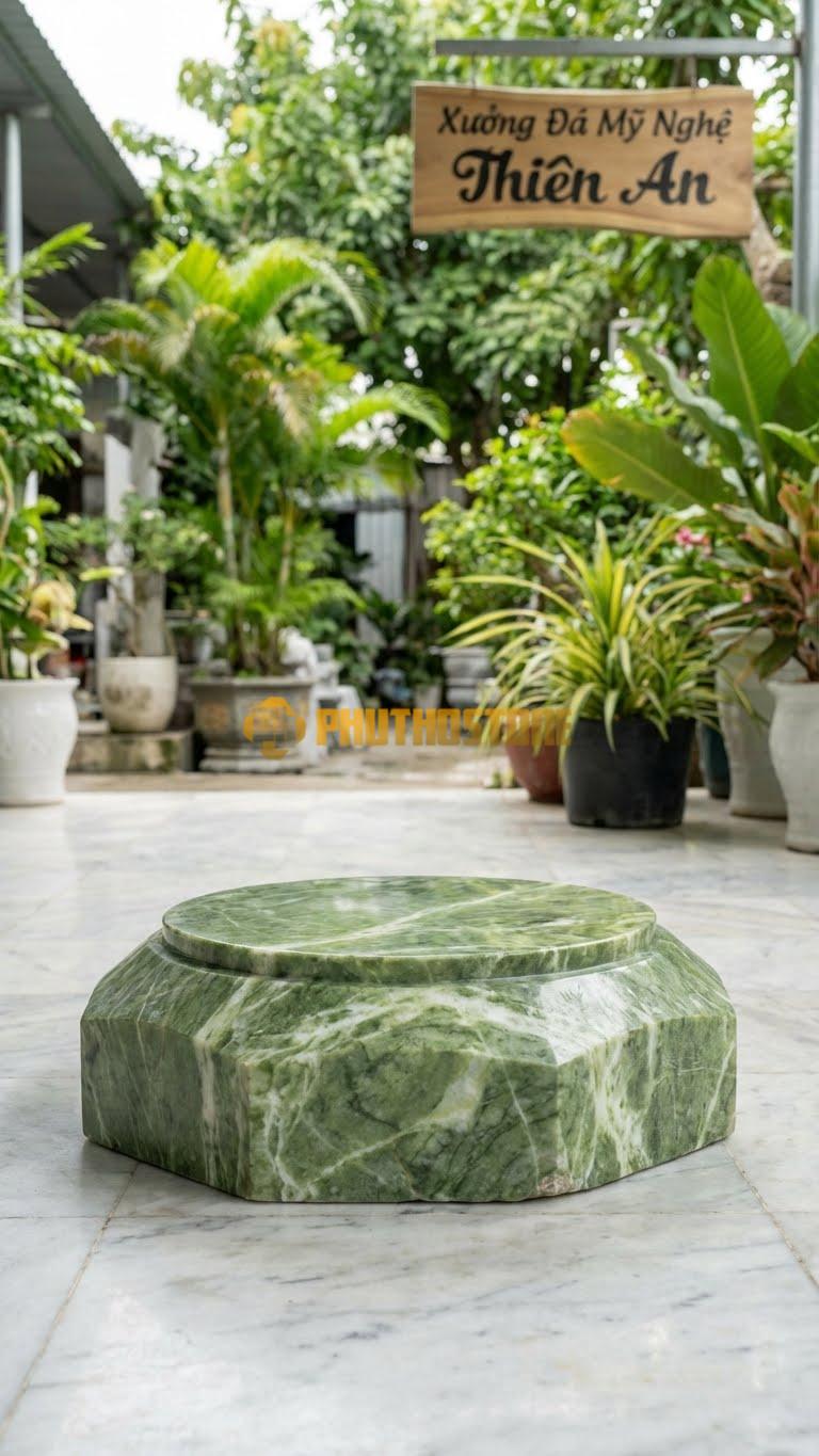 Chân Tảng Đá Xanh Ấn Tảng Bệt Trơn Đa Giác D25: Mặt Gương Tròn, Nhưng Đế Cắt Cạnh Thành 12 Mặt. (Gương 25Cm – Đế 40Cm – Cao 14Cm).