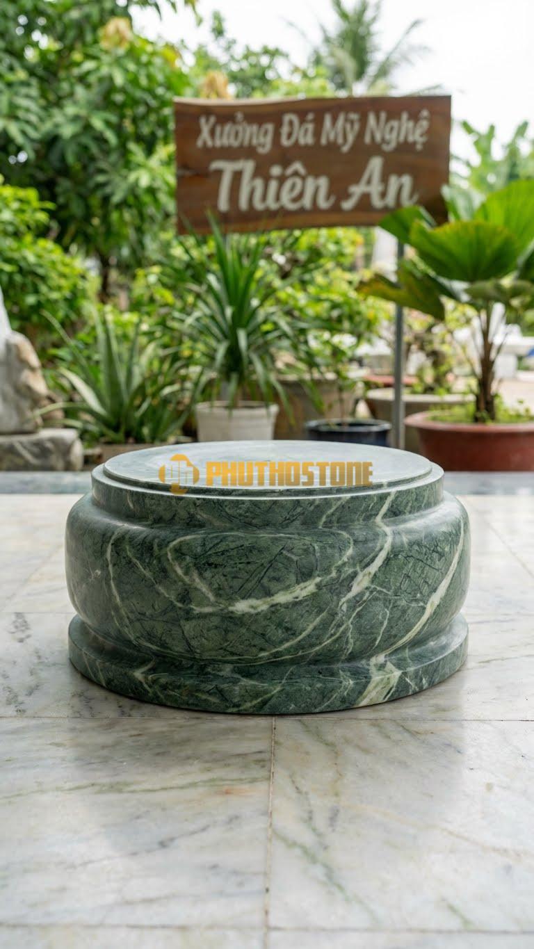 Chân Tảng Đá Xanh Ấn Tảng Bệt Trơn Mài Hone D24: Mài Mịn Mờ (Không Bóng, Không Nhám). (Gương 24Cm – Đế 38Cm – Cao 13Cm).