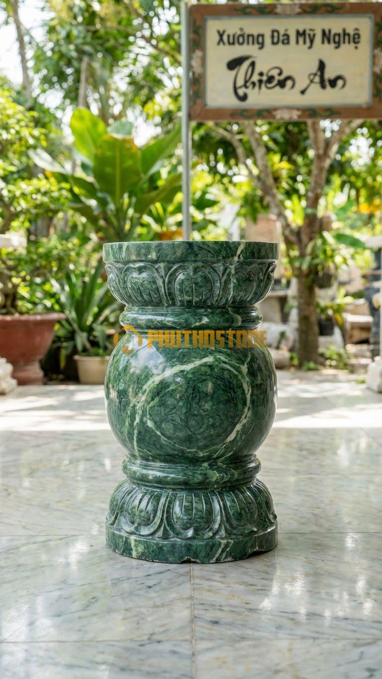 Chân Tảng Đá Xanh Ấn Tảng Bồng Sen Hai Đầu D32: Chạm Sen Ở Cả Bát Đỡ Trên Và Chân Đế Dưới, Bụng Trơn. (Gương 32Cm – Bụng 45Cm – Cao 50Cm).