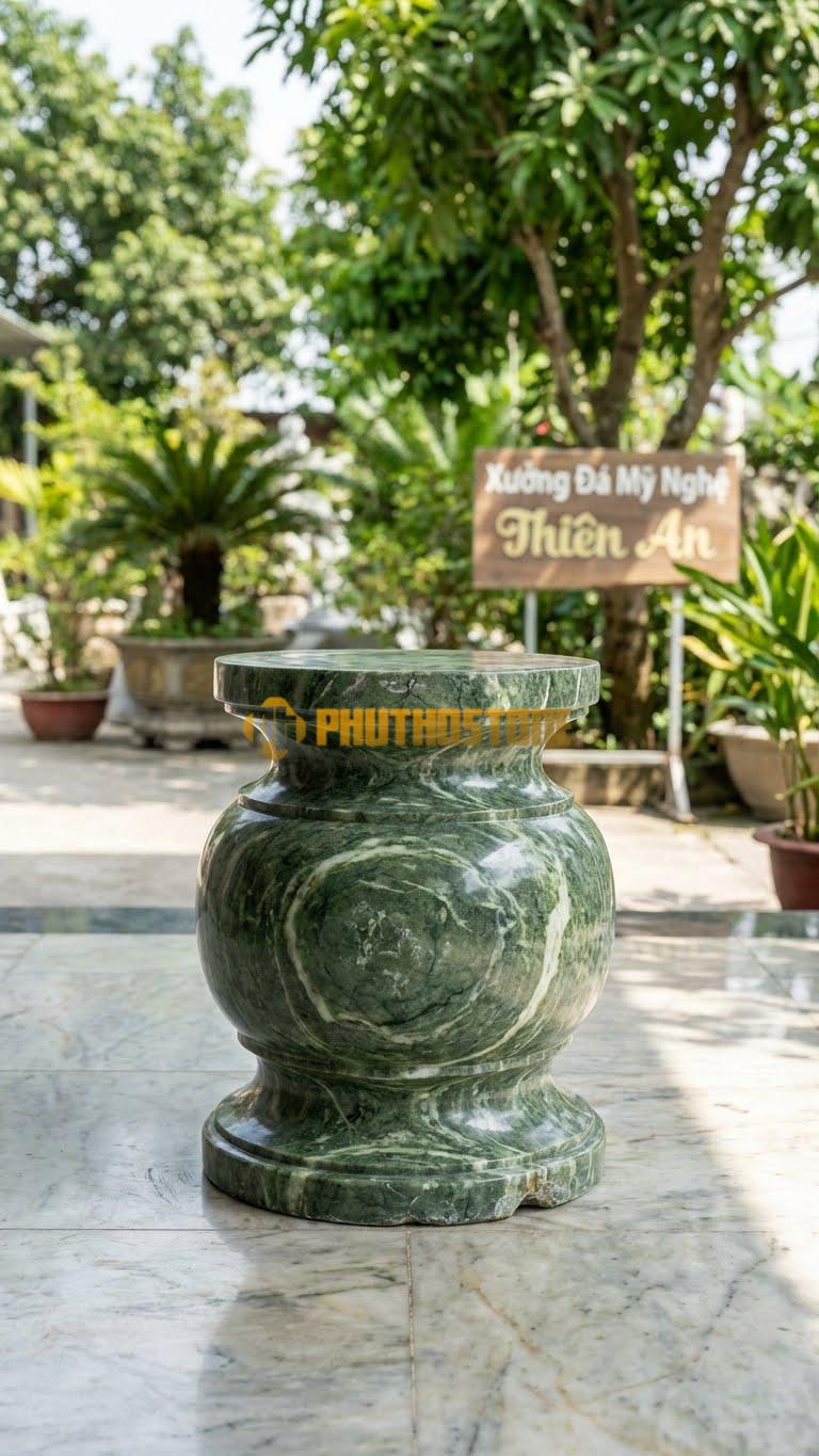 Chân Tảng Đá Xanh Ấn Tảng Bồng Trống Cổ Loe D30: Cổ Tảng Thắt Nhỏ, Loe Rộng Về Hai Đầu. (Gương 30Cm – Bụng 40Cm – Cao 45Cm).