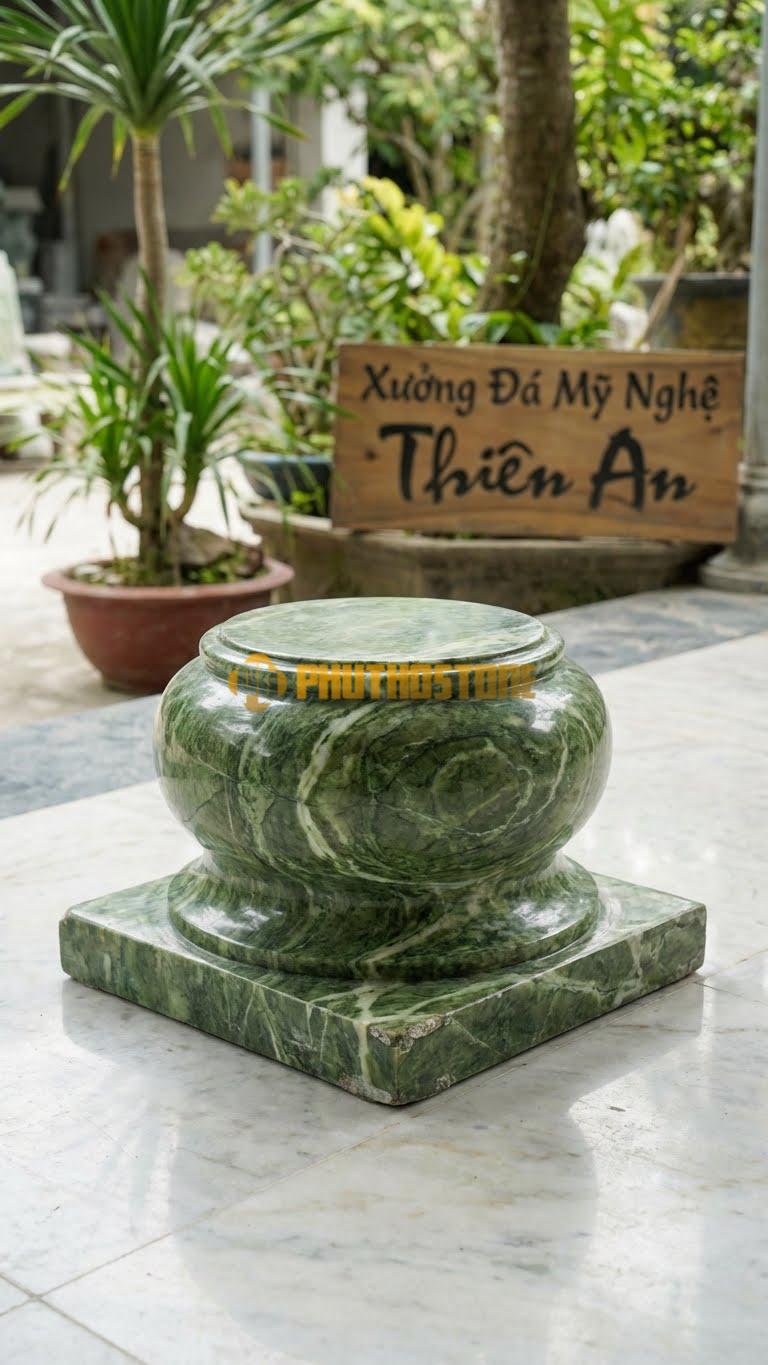 Chân Tảng Đá Xanh Ấn Tảng Bồng Trống Đế Vuông D25: Thân Tròn Dáng Trống, Đế Dưới Cùng Hình Vuông. (Gương 25Cm – Đế Vuông 40Cm – Cao 40Cm).