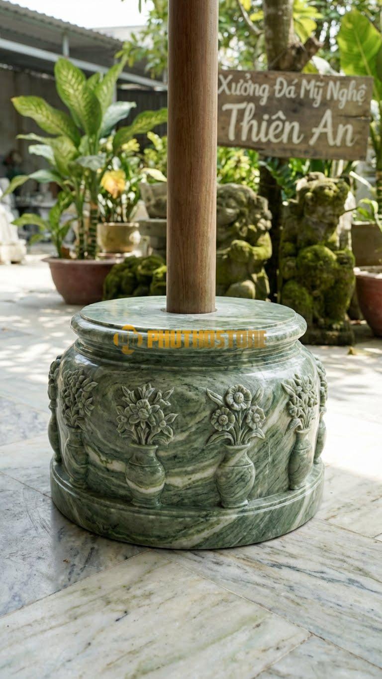 Chân Tảng Đá Xanh Ấn Tảng Bồng Tứ Bình D35: Chạm 4 Lọ Hoa (Bình) Cắm Hoa 4 Mùa. (Gương 35Cm – Cao 55Cm).