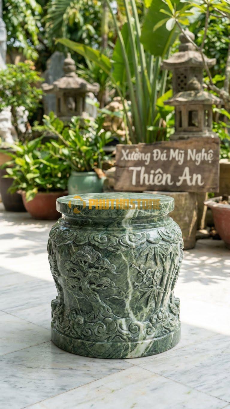 Chân Tảng Đá Xanh Ấn Tảng Bồng Tứ Quý Hóa D30: Cây Tứ Quý Được Chạm Cách Điệu Hóa Rồng/Mây. (Gương 30Cm – Cao 45Cm).