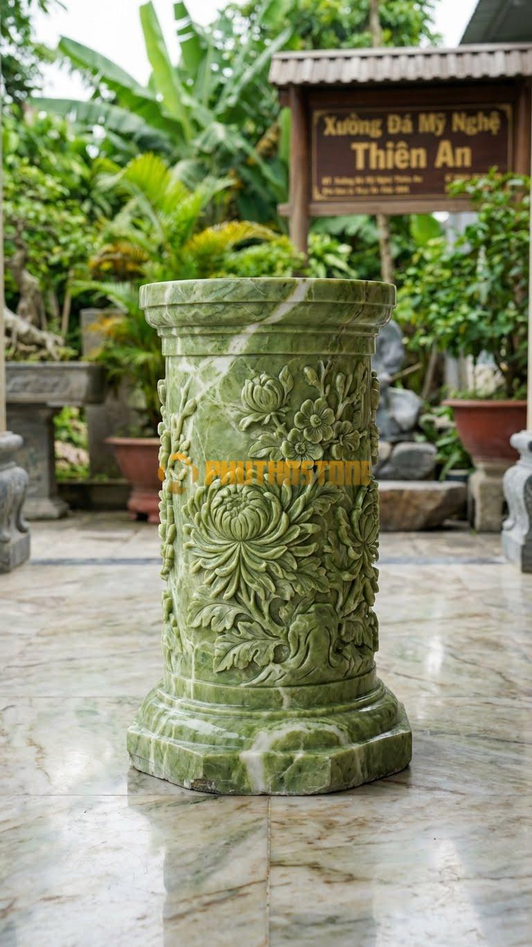 Chân Tảng Đá Xanh Ấn Tảng Bồng Tứ Quý Mãn Khai D29: Hoa Cúc, Hoa Mai Chạm Nở To Hết Khổ Đá. (Gương 29Cm – Cao 45Cm).