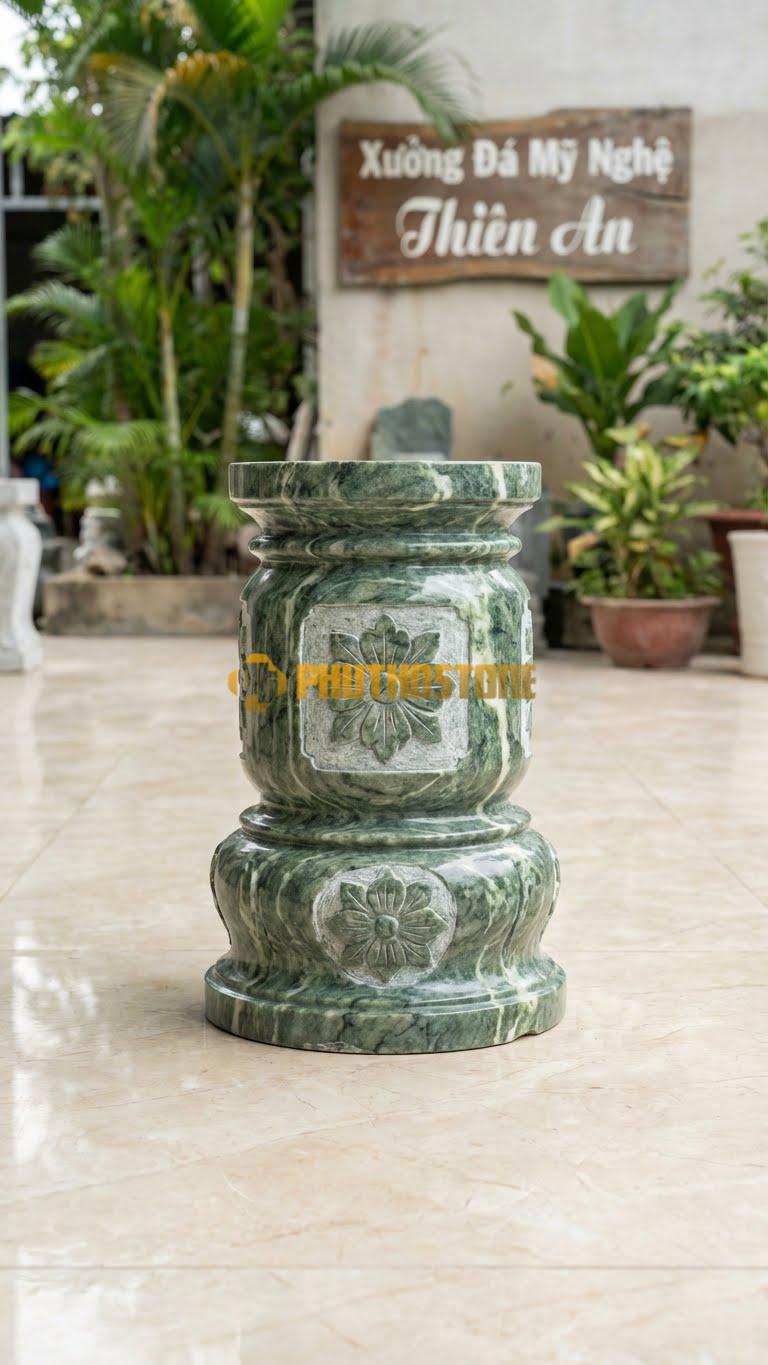 Chân Tảng Đá Xanh Ấn Tảng Bồng Tứ Quý Mini D22: Họa Tiết Giản Lược Cho Tảng Nhỏ. (Gương 22Cm – Cao 35Cm).