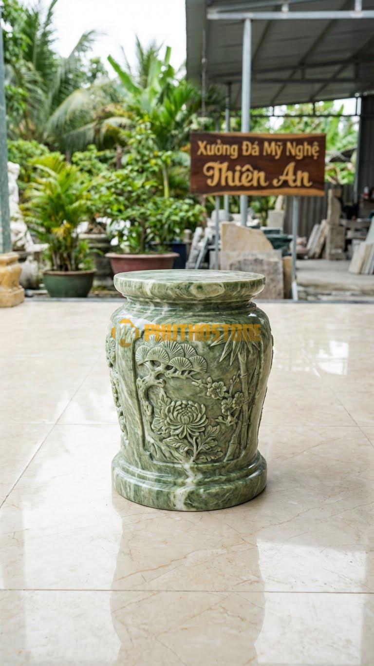 Chân Tảng Đá Xanh Ấn Tảng Bồng Tứ Quý Tùng Cúc D25: Chạm 4 Cảnh Tùng – Cúc – Trúc – Mai Quanh Thân. (Gương 25Cm – Cao 40Cm).