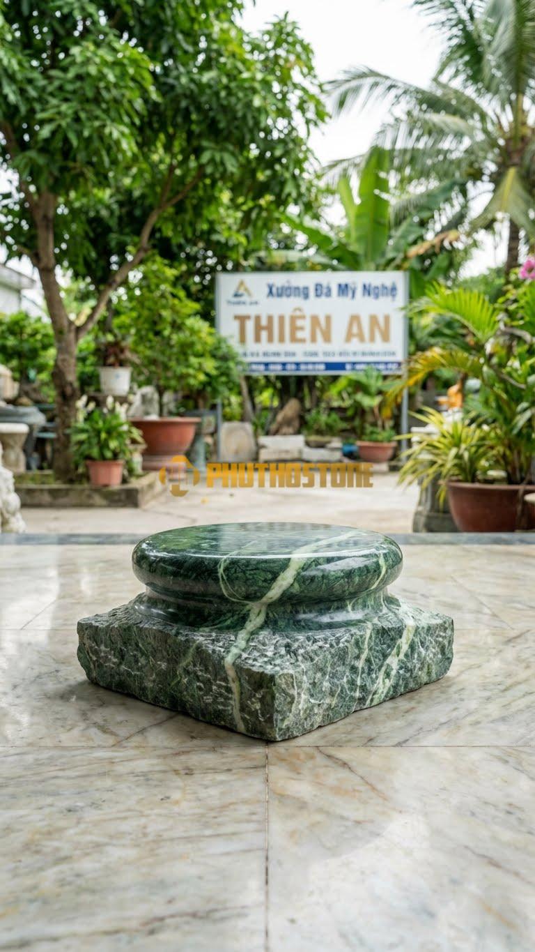 Chân Tảng Đá Xanh Ấn Tảng Vuông – Tròn Băm Nhám D26: Đế Vuông 38Cm Băm Nhám, Gương Tròn 26Cm Mài Nhẵn. (Cao 15Cm).