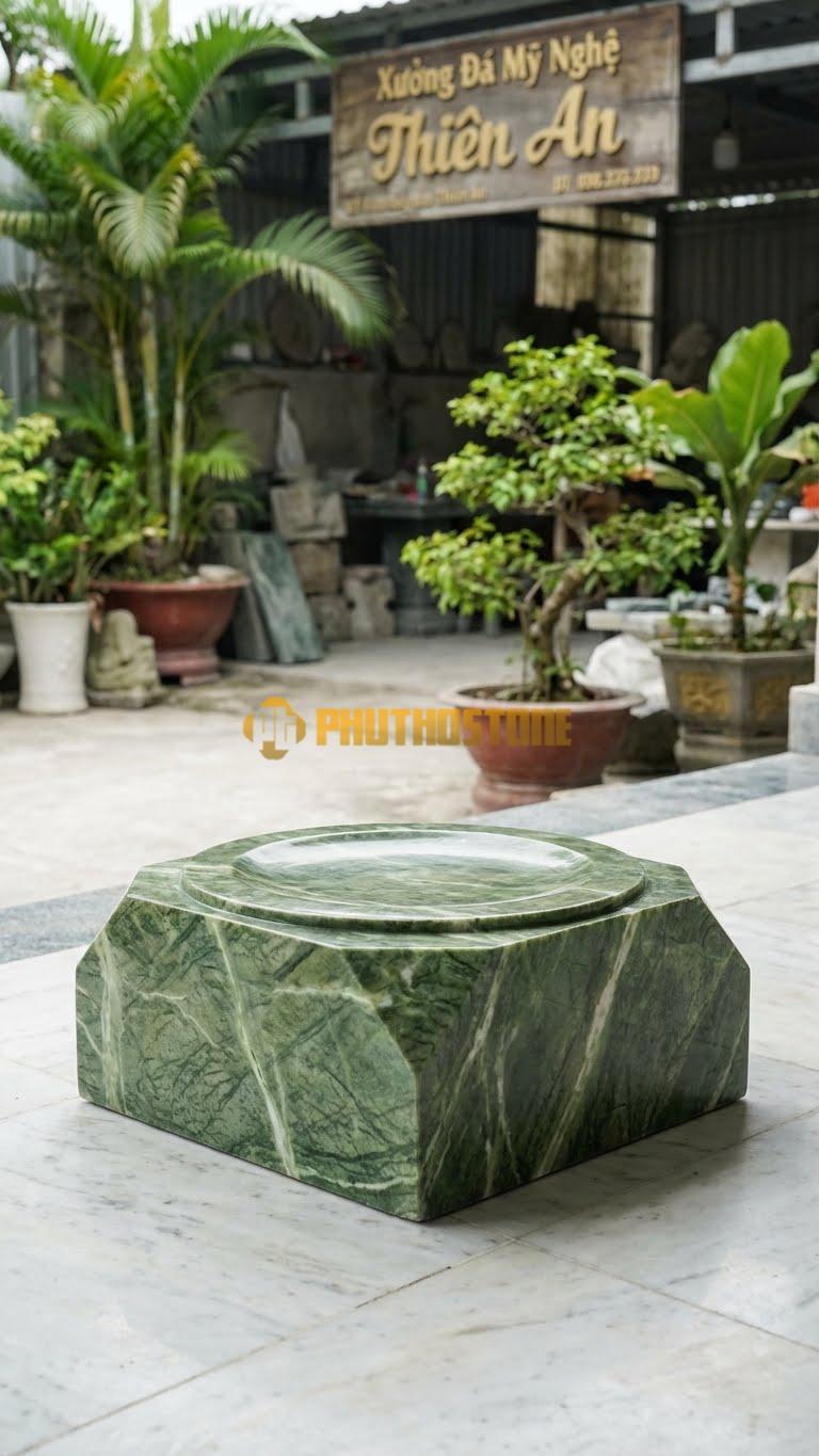 Chân Tảng Đá Xanh Ấn Tảng Vuông – Tròn Trơn Vát D30: Đế Vuông 45Cm, Vuốt Vát Chéo 4 Góc Để Chuyển Lên Gương Tròn 30Cm. (Cao 16Cm).